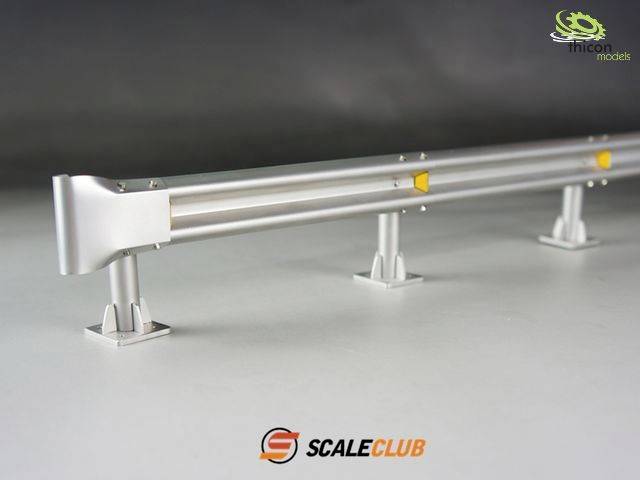 'Scale Club' model: Detailed silver-coloured section of crash barrier, mounted on stands.