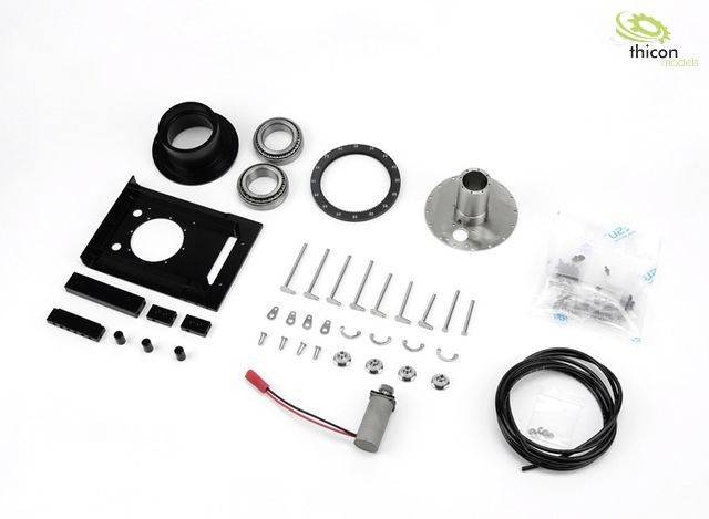 A model-building accessory set with various metal and plastic parts, screws and cables from Thicon Models shown against a white background.