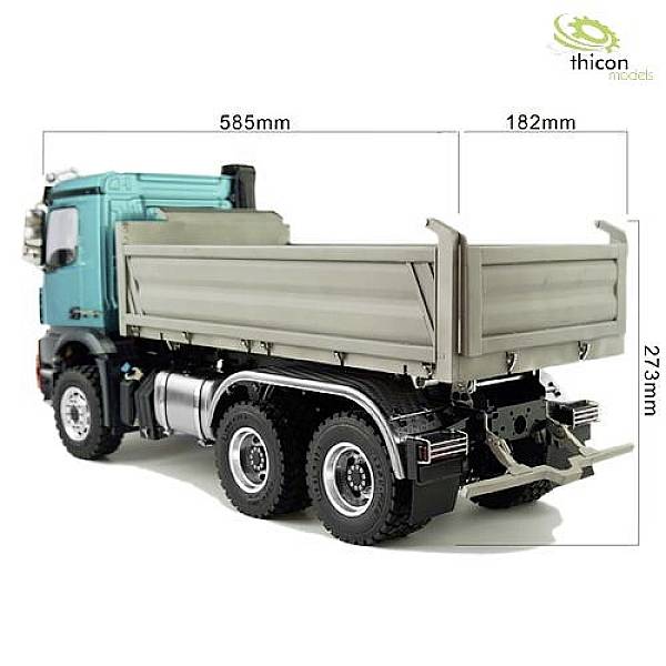 A model tipper truck in blue and grey. Dimensions: Length 585 mm, Width 182 mm, Height 273 mm. Manufactured by thicon models.