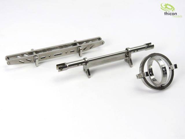 Three metal components on a white background. The parts have a technical design and appear to be part of a machine construction.