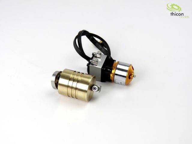 Two parts of a machine model: a brass cylinder with a valve and a silver motor component with cable, on a light background.