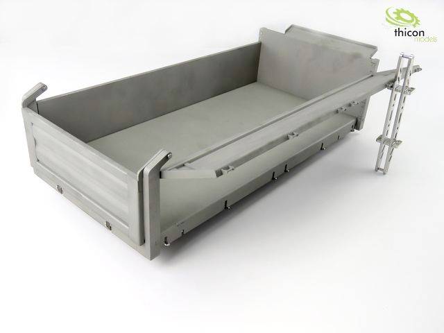 Metal trailer for model vehicles on a white background, featuring side walls and a tipping function, by Thicon Models.