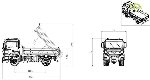 Technical drawings of a lorry with a tail lift, showing side and front elevations, with dimensional annotations. A company logo is positioned in the top right of the image.