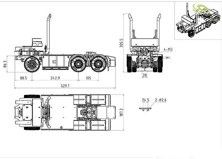 Technical drawing of a vehicle from different views with dimensions in millimetres; side view, front view, and top view.