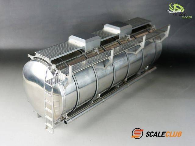 Silver tanker trailer in model scale with side ladder. Company logos in top right and bottom right.