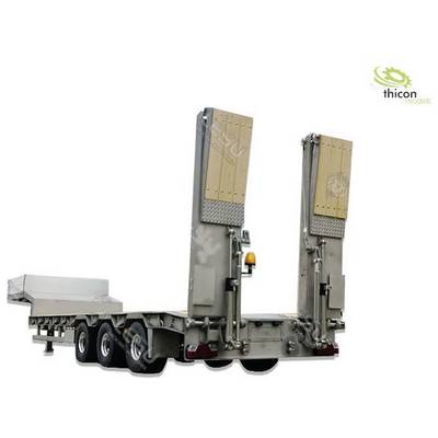 A flatbed trailer with two large, vertical ramps. Three axles and an empty loading bed. The 'thicon modelle' logo is located in the top right corner.