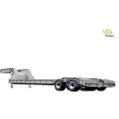 Model of a silver two-axle lowboy trailer. Brand logo 'thicon models' in the top right corner.