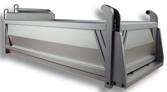 Metal container with side reinforcements and handles at both ends.