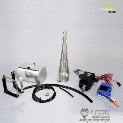 Component set for a hydraulic system, consisting of a cylinder, tank, hoses and electrical lines on a grey background.