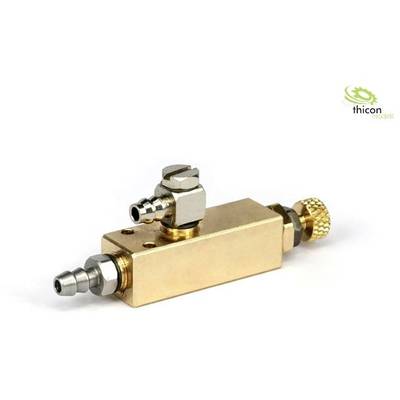 A brass valve with multiple connections against a white background. The 'thicon models' logo is positioned in the top right corner.