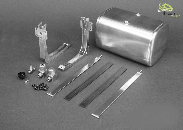 Metal parts set with screws, including tank, mounting brackets, valves and securing straps on a grey background.