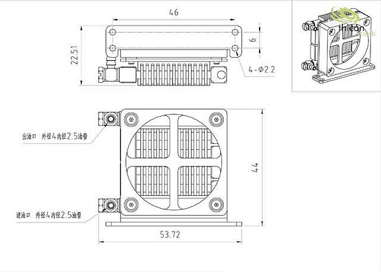 Technical drawing of a cooling fan with dimensional specifications. Top: 46 mm wide, 44 mm high; fan with ducting shown bottom right.