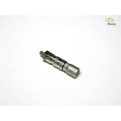 A metal adapter rests on a white background, comprising several cylindrical sections; the 'thicon models' logo is positioned in the top right corner.