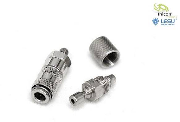 'Three metal components, including an adapter, a coupling and a cap, on a white background. Manufacturer's logo in the top right.'