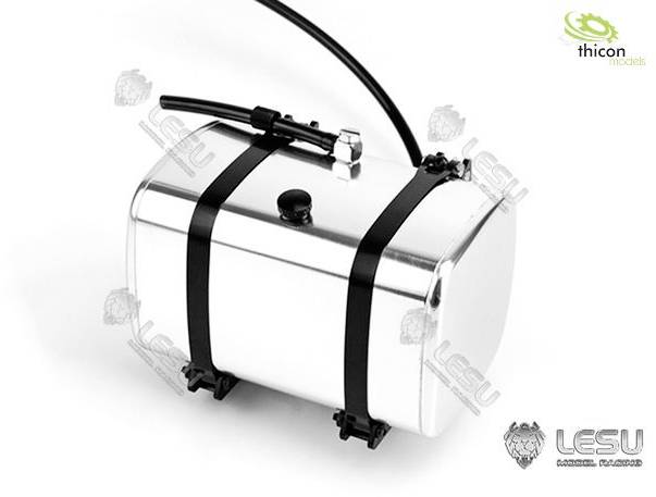 Metal tank with black straps and pipe connections. 'LESU' and 'thicon models' brand logo in the top right. Main theme: Model building.