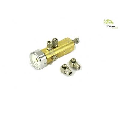 A gold-coloured pressure regulator with a pressure gauge and valves is pictured. Three connecting pieces are lying beside it. Brand logo in the top right corner.