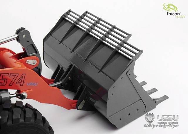 A red model excavator with a grey bucket in close-up. 'thicon models' and 'LESU' logos visible in the image.