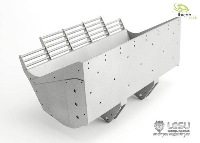 Metal frame of a model kit with screw holes and slatted base on top. Logos of 'Thicon Models' and 'LESU' visible.