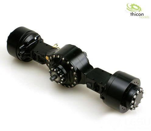Black mechanical model of an axle with two wheel hubs, shown on a white background.