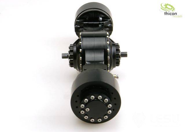 Drive unit with two large wheels and a central transmission. Above, the 'thicon models' logo.