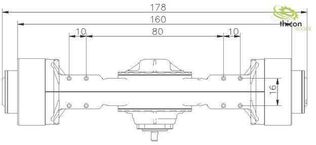 Technical drawing of an axle with precise dimensional specifications: Total length 178, width sections 80, 160 and 10 mm.