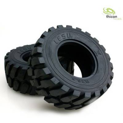 Two black model tyres with deep tread, stacked on top of each other. Top right is a logo with the text 'thicon models'.