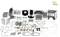 Several vehicle model building components, including bodywork and metal parts, scattered across a white background.