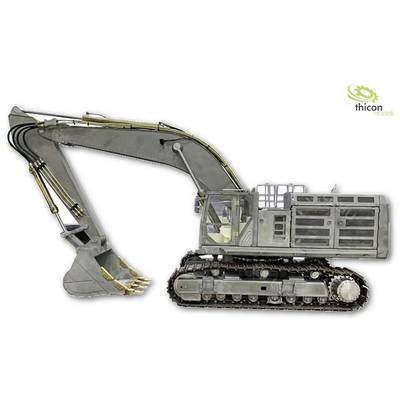 A detailed model of a grey excavator with tracked drive and long arm, presented by 'thicon models'.