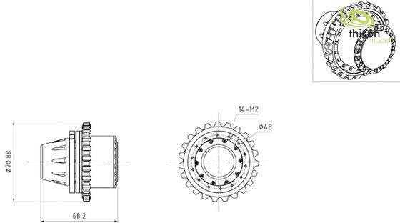 Technical drawing of a gear wheel with dimensions. Dimensions: 70mm in diameter, 68mm in width. Screw holes: 14-M2.