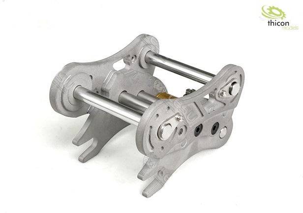 A silver model of a construction machinery attachment with two parallel rods and mechanical connections, set against a white background.