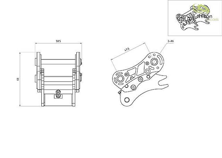 Detailed technical drawing of a mechanical component with dimensions. A logo featuring a mythical creature and text located in the top right corner.