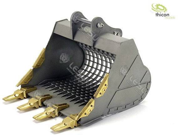 Grey miniature excavator bucket model with multiple teeth. Brand print on bucket surface. Logo top right.
