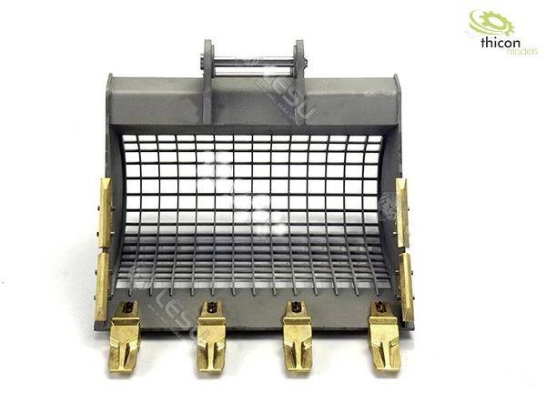 Grey excavator bucket with a grid design and four golden teeth providing stability. The 'thicon models' logo is located in the top right corner.