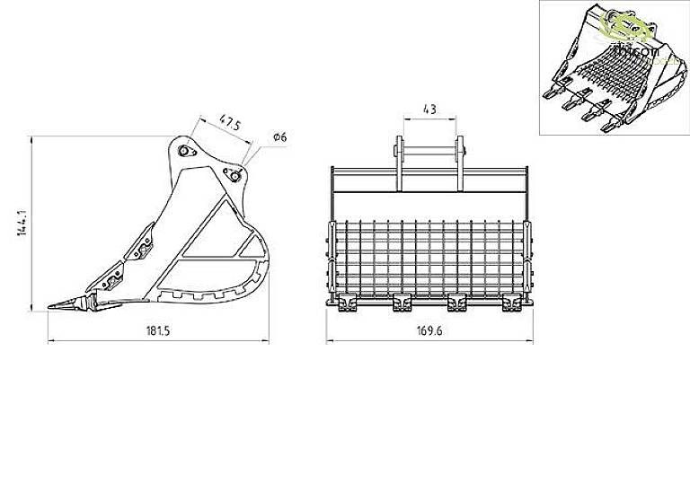 Technical drawing of an excavator bucket attachment with dimensional specifications. Left side view, right front view with grid detail.