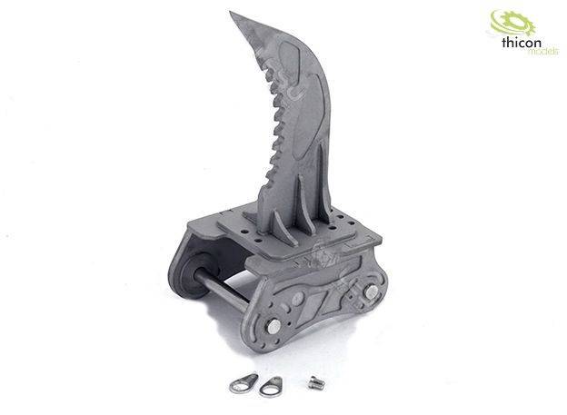 Grey mechanical gripper with serrated blade. 'thicon models' logo in top left corner.