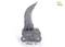 Grey, mechanical model of a grasping claw with a serrated blade, mounted on a base, with two small metal rings beside it.