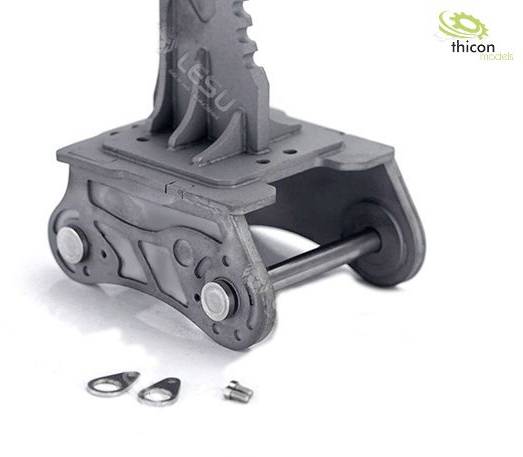 Grey metal piece with two loops and a small screw, possibly a model component, on a white background. A logo is located in the top right corner.