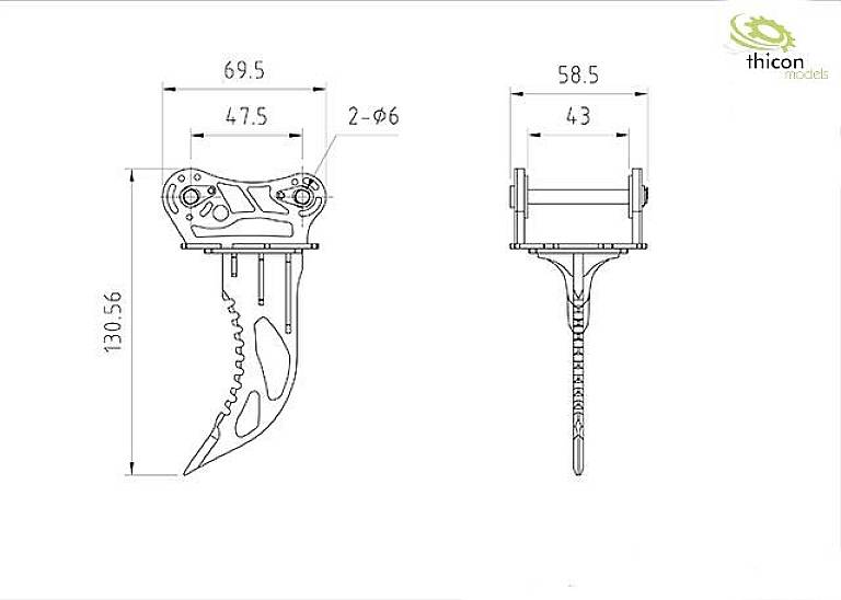 Technical drawing of a gripper arm with dimensions: 130.56 high, 69.5 wide. Side view shows serrated blade. Manufacturer 'thicon models'.