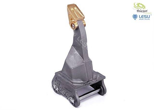 A metal model of an excavator arm by Thicon Models and LESU on a white background. Upper section bronze, lower section grey.