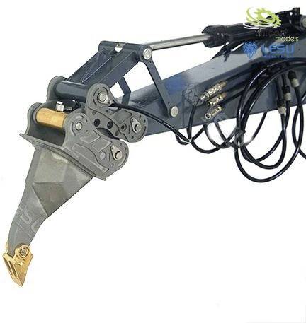 A grey excavator arm with a hydraulic grab and hoses, suitable for construction work or earthmoving.