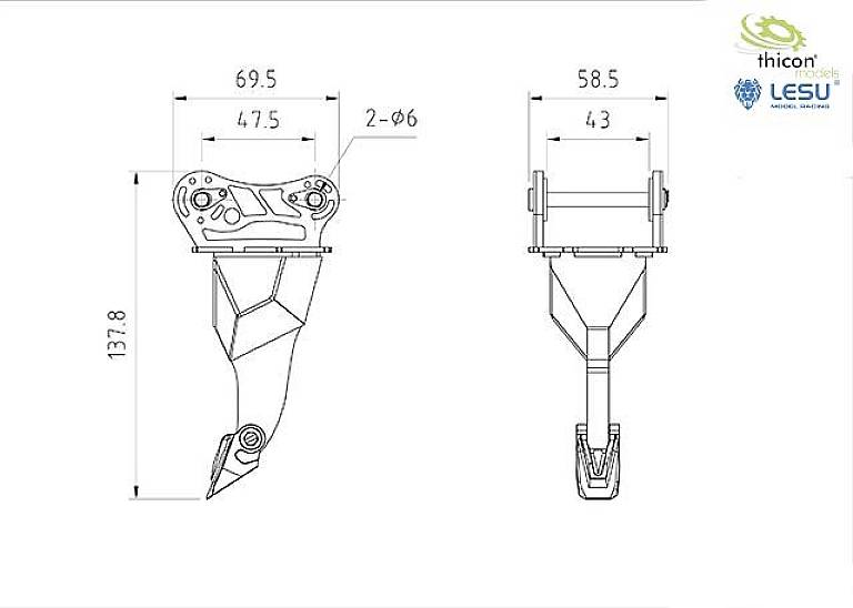 Technical drawing of a component with dimensions: Height 137.8 mm, Width 69.5 mm and 58.5 mm. Detailed form view.