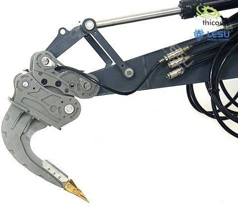 Close-up of a mechanical robotic arm with a curved hook at its tip. Connecting components and hydraulic hoses are visible.