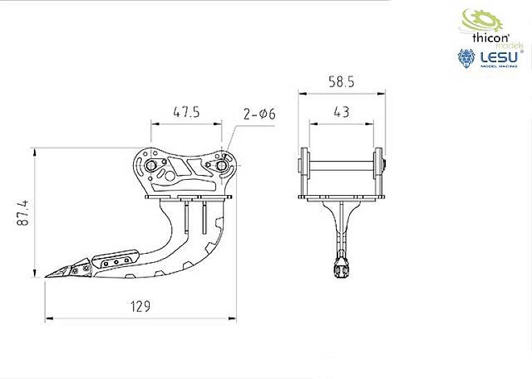 Technical drawing of a component with dimensions: Length 129 mm, Width 47.5 mm, Height 87.4 mm. Contains two holes with a diameter of 6 mm.