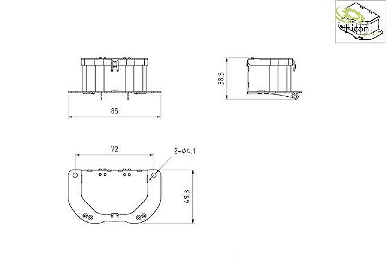 Technical drawing of a component with three views: front, side, top. Dimensions are 85, 72, 38, and 49.3 millimetres. Logo top right.