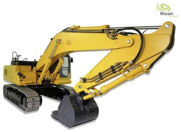A yellow excavator with tracked chassis and large extending arm, model by Thicon Models.