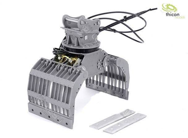 An industrial grab with hydraulic lines on a white background. A logo with the word 'thicon' is positioned in the top right corner.