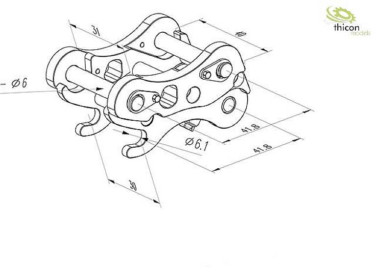 Technical drawing of a mechanical component with dimensions. Shows thick pins, connections, and hooks. 'thicon models' marking in the top right corner.