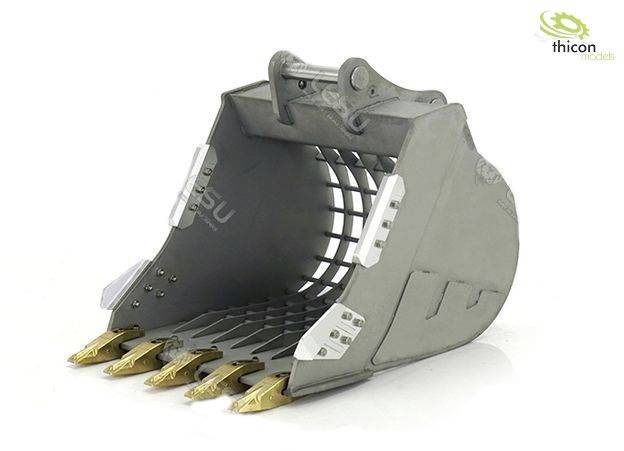 Large grey shovel attachment with golden teeth, suitable for excavators and construction work; 'thicon models' brand in the corner.