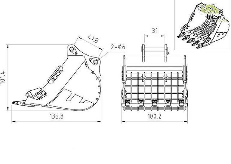Construction drawing of an excavator bucket with dimensions: width 135.8 cm, height 101.4 cm. Detailed view in top right shows teeth and arrangement.