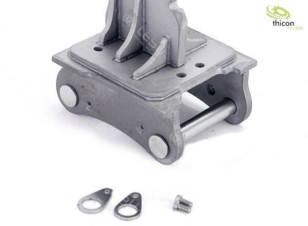 A metal component, possibly a model part, with a cylindrical connecting element. Two small perforated plates and a screw are placed in front of it. The 'Thicon Modelle' logo is located in the top right.